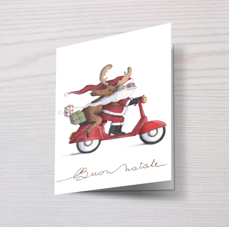 Biglietto di auguri con busta Babbo in vespa