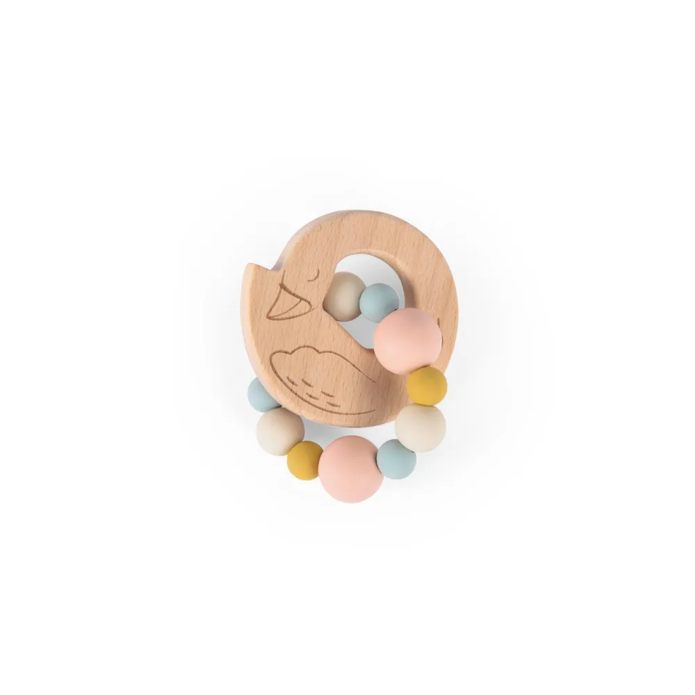 Anello sonaglio in legno e silicone dentizione Cigno