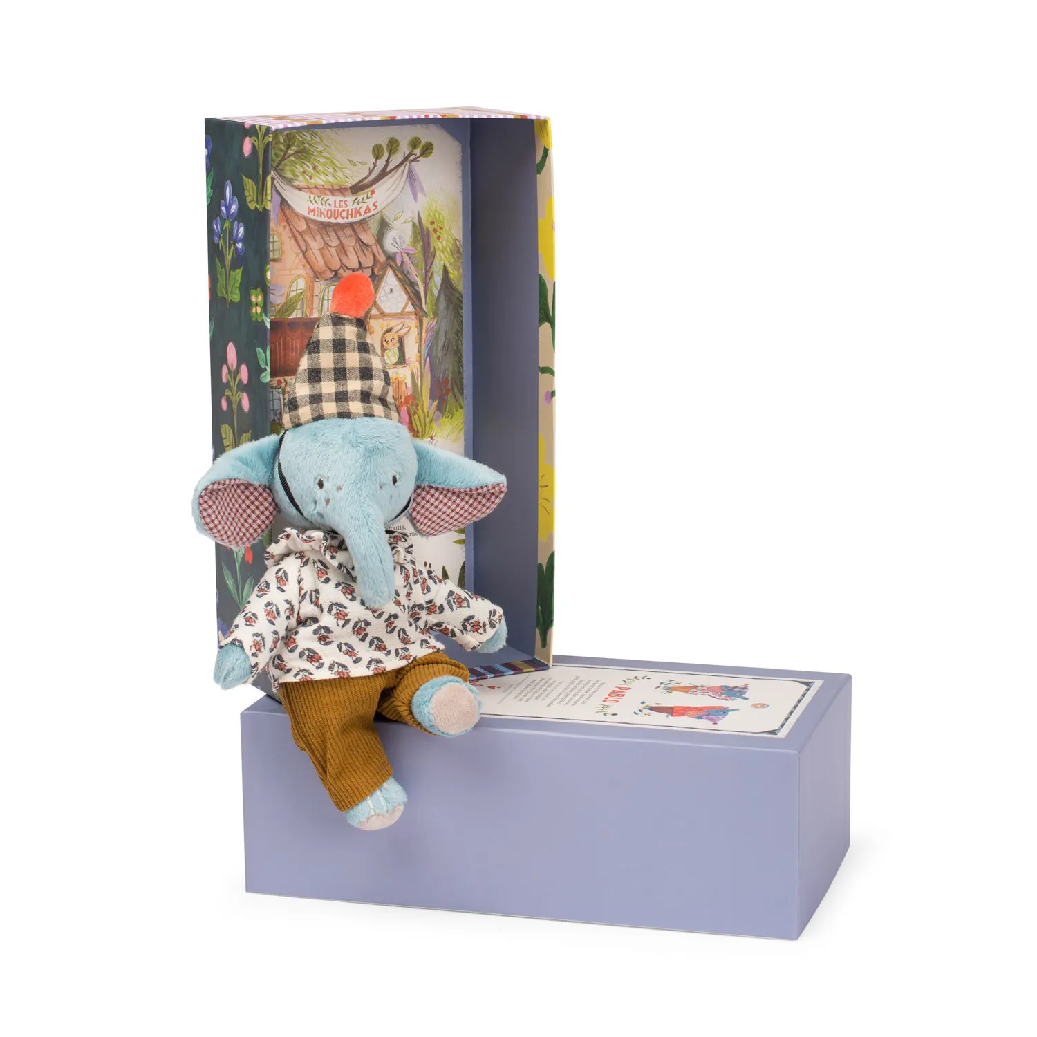 Peluche elefante Pablo Les Minouchkas con scatola illustrata