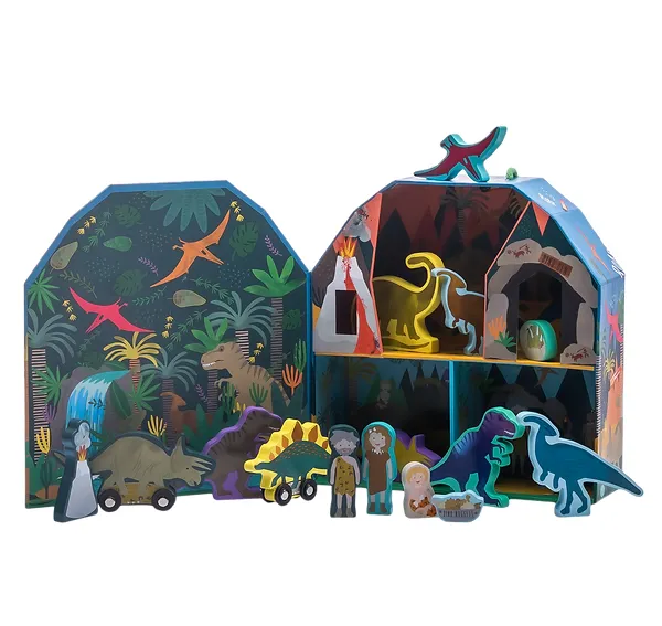 Scatola da gioco a tema Dinosauri con personaggi in legno