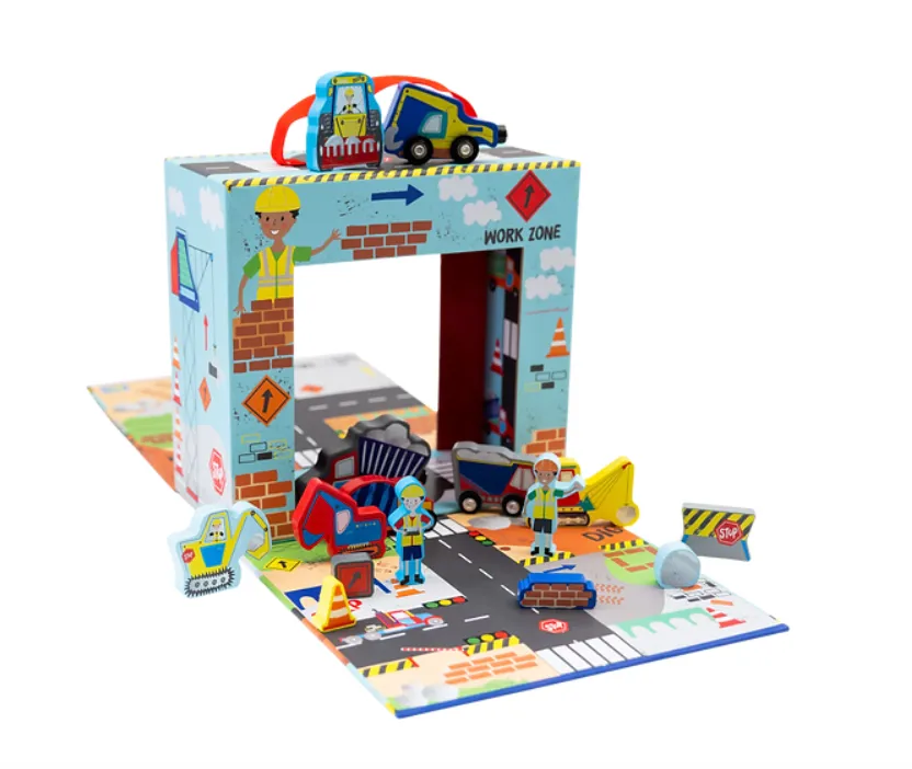 Scatola da gioco a tema Cantiere con personaggi in legno