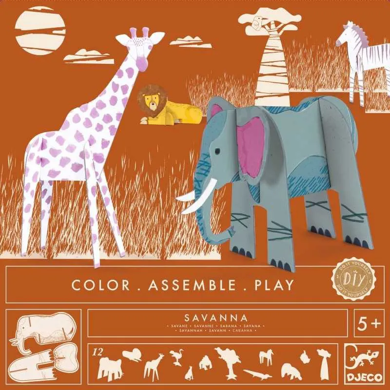 12 Animali di carta - kit artistico SAVANA Colora, assembla e gioca