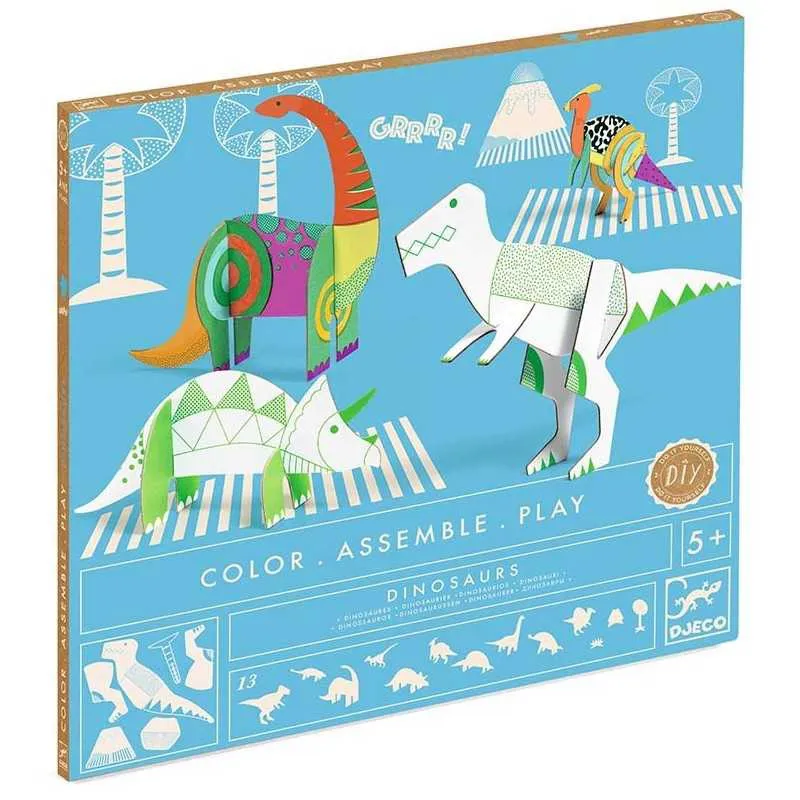 12 Animali di carta - kit artistico DINOSAURI Colora, assembla e gioca