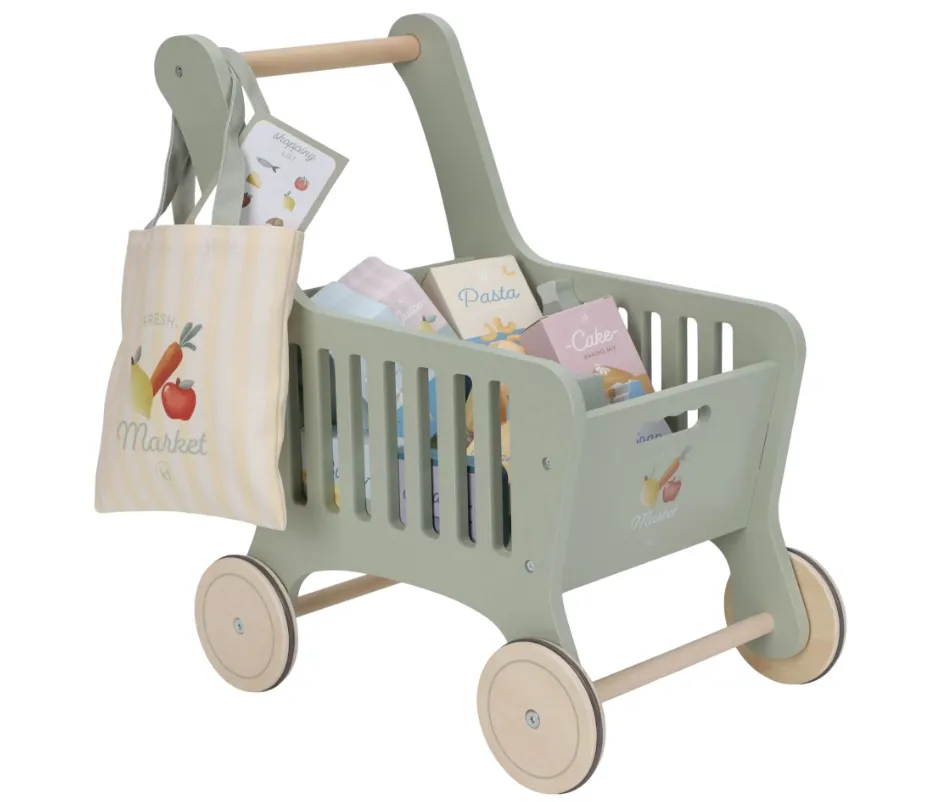 Carrello della spesa in legno con accessori