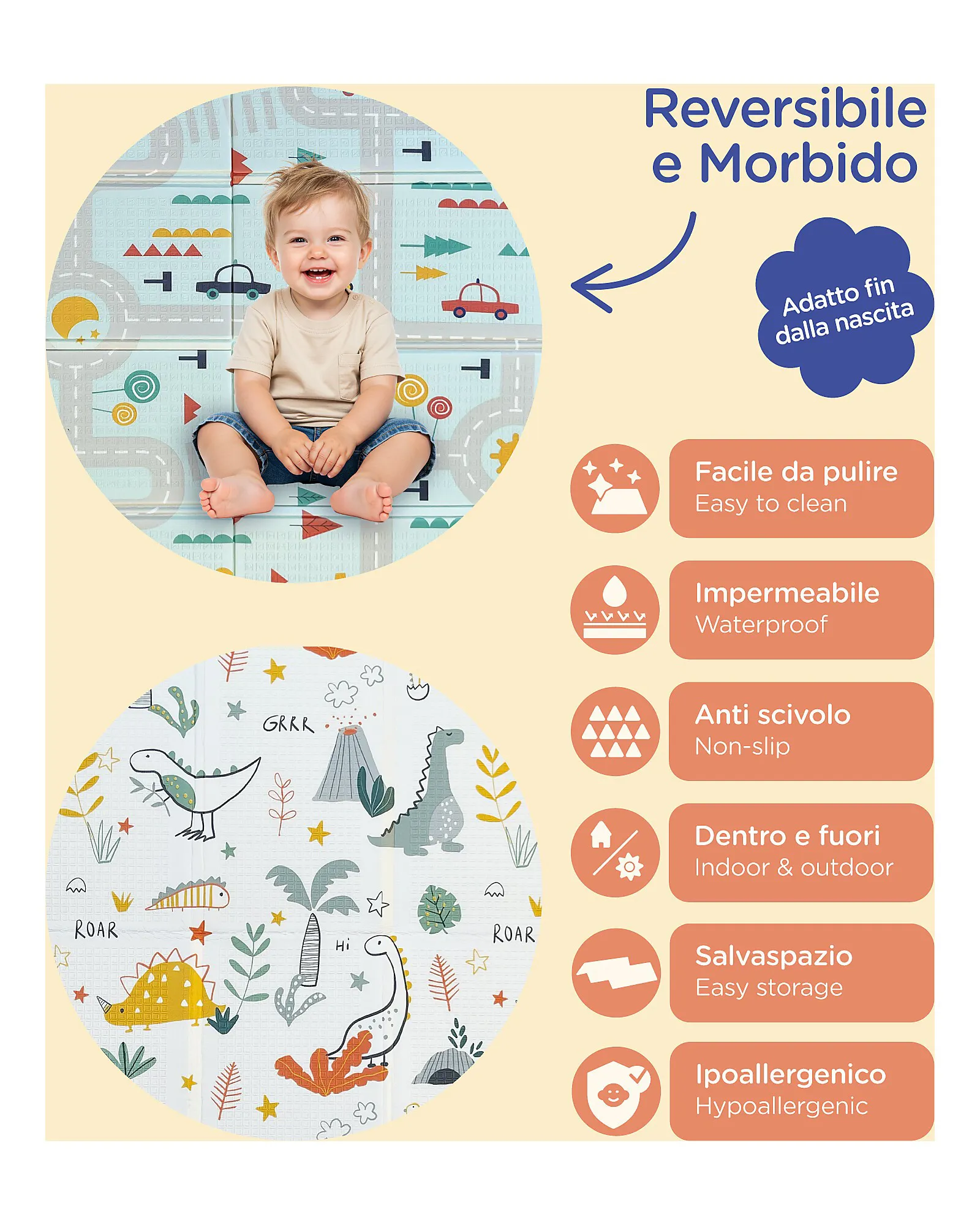 Tappeto Gioco Pieghevole Montessori 2 in 1 Reversibile e Morbido - Dino Friends - 180x150cm