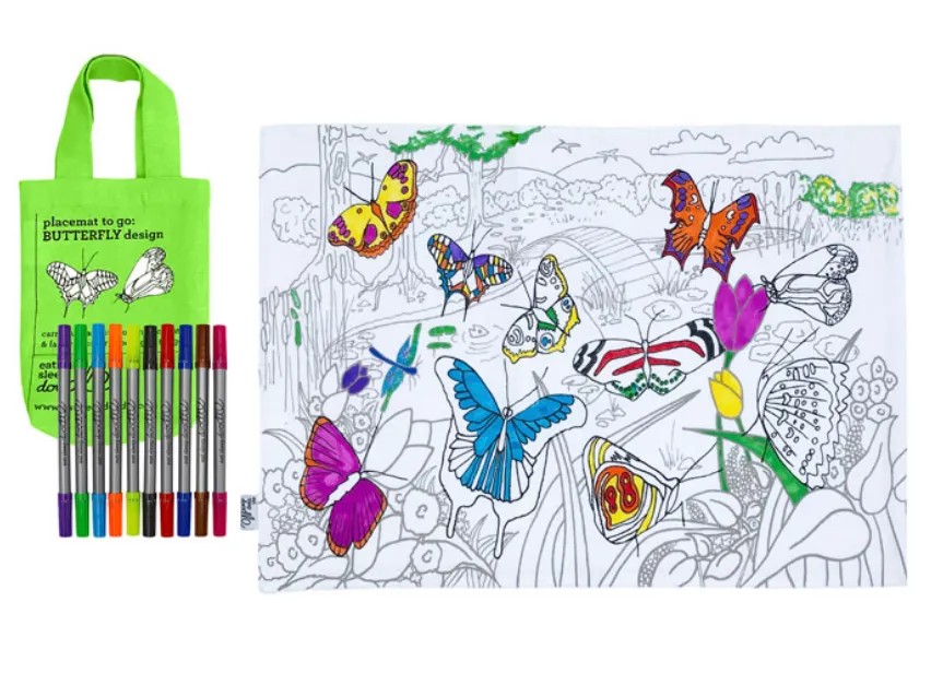 Tovaglietta colorabile e lavabile con 10 pennarelli - Farfalle
