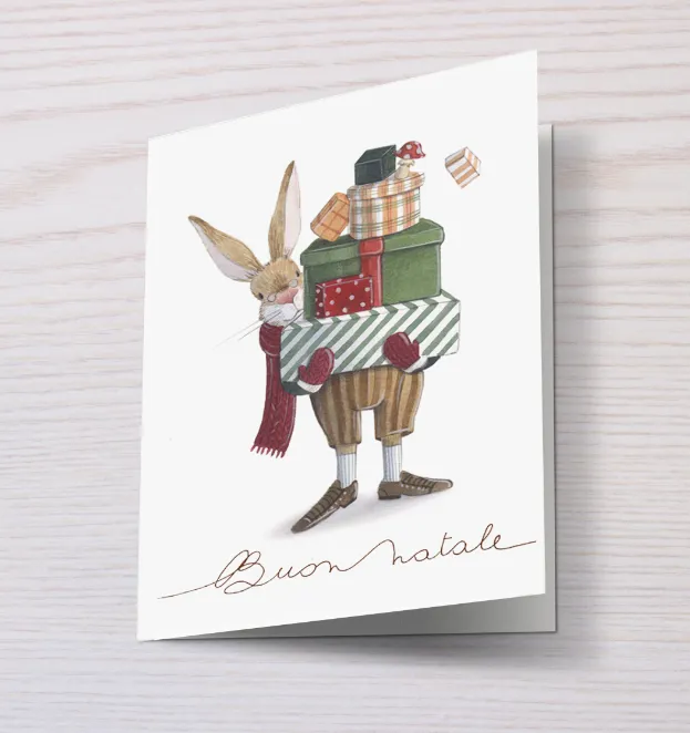 Biglietto di auguri con busta Biscotti Coniglio con regali