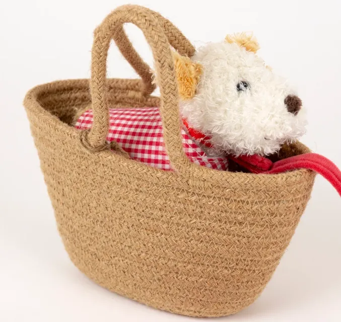 Peluche Mini Eliot con guinzaglio, cappottino e cesta