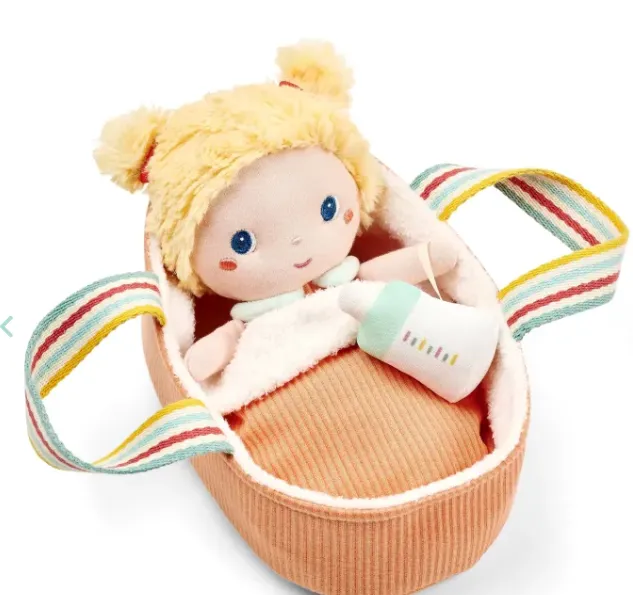 Bambola in tessuto Méla con culla portatile - 21 cm