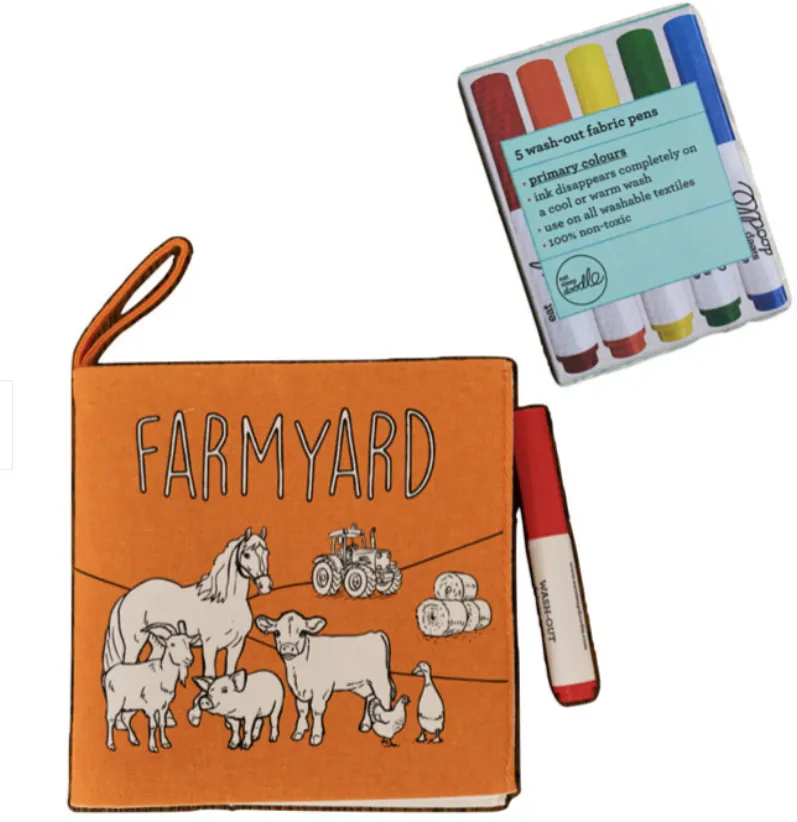 Libro in tessuto da colorare e 5 pennarelli grandi Fattoria